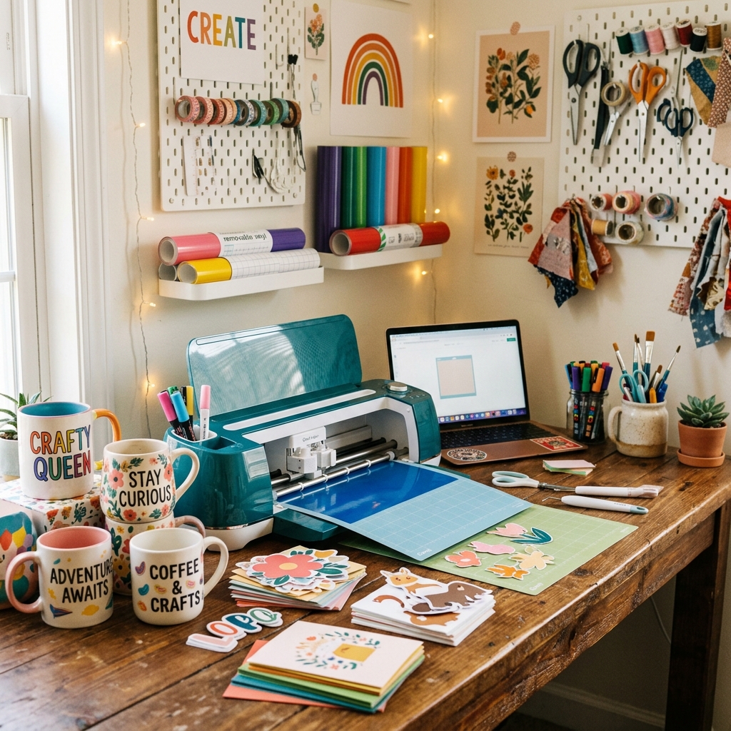 Maker studio desk with vinyl cutting machine and paint bottles