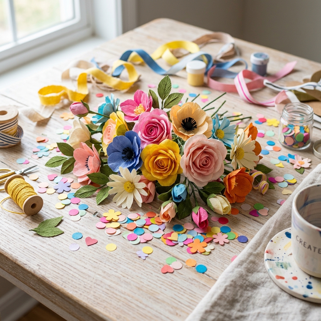 Colorful handmade crepe paper flowers, scissors, and ribbons on a craft desk