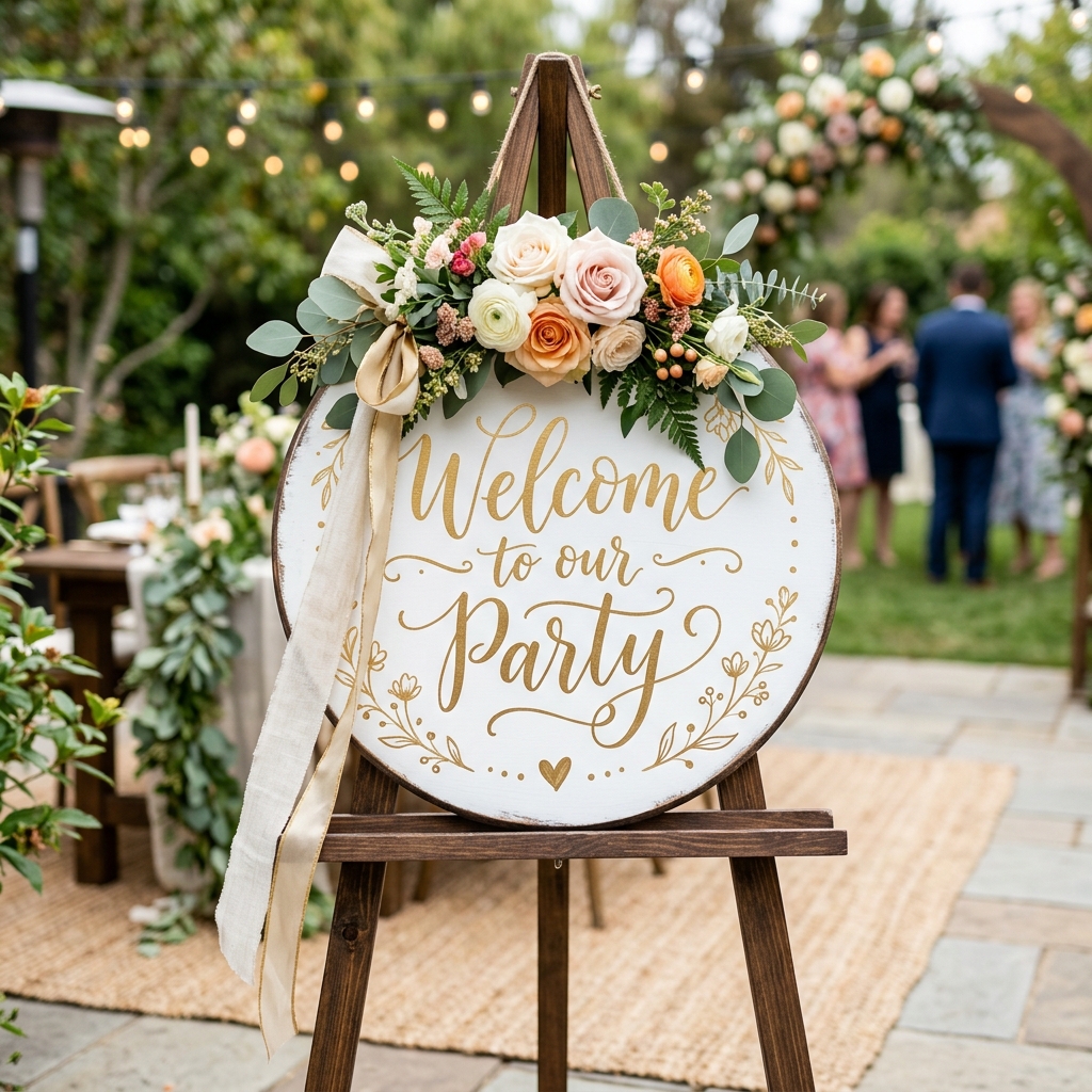 Completed painted circle sign styled on an easel with flowers